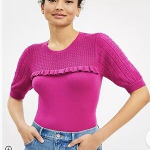 NWOT Ann Taylor Loft Sweater Ruffles Puff Sleeves in Magenta.